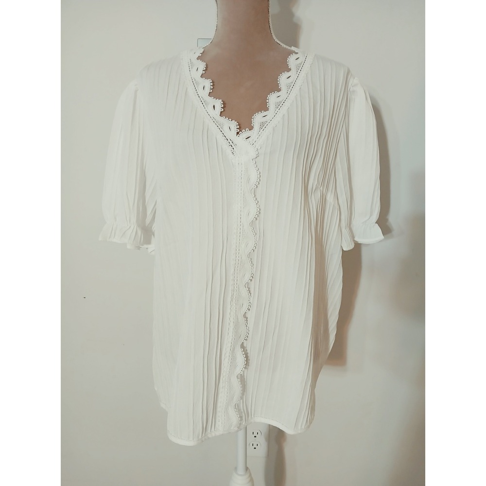 Zolucky Womens White Pleated Lace Trim V-Neck Puff Sleeve Blouse Size 1X